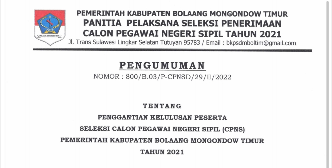 Pansel CPNS Boltim Terbitkan Pengumuman Penggantian CPNS Yang Meninggal Dunia