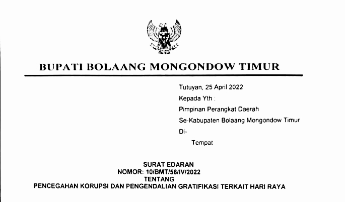 Pemkab Boltim Terbitkan Surat Edaran Pencegahan Korupsi dan Pengendalian Gratifikasi Hari Raya Idul Fitri