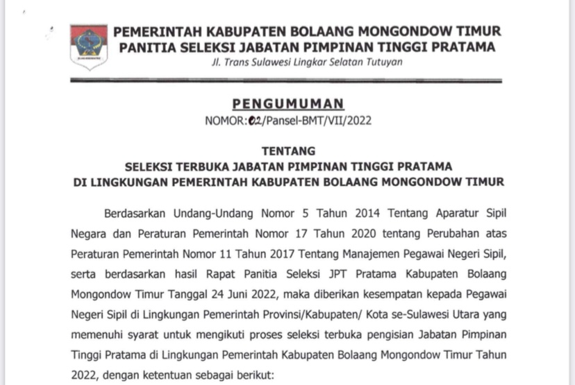 3 Kursi OPD Kosong, Pemkab Boltim Buka Seleksi JPTP